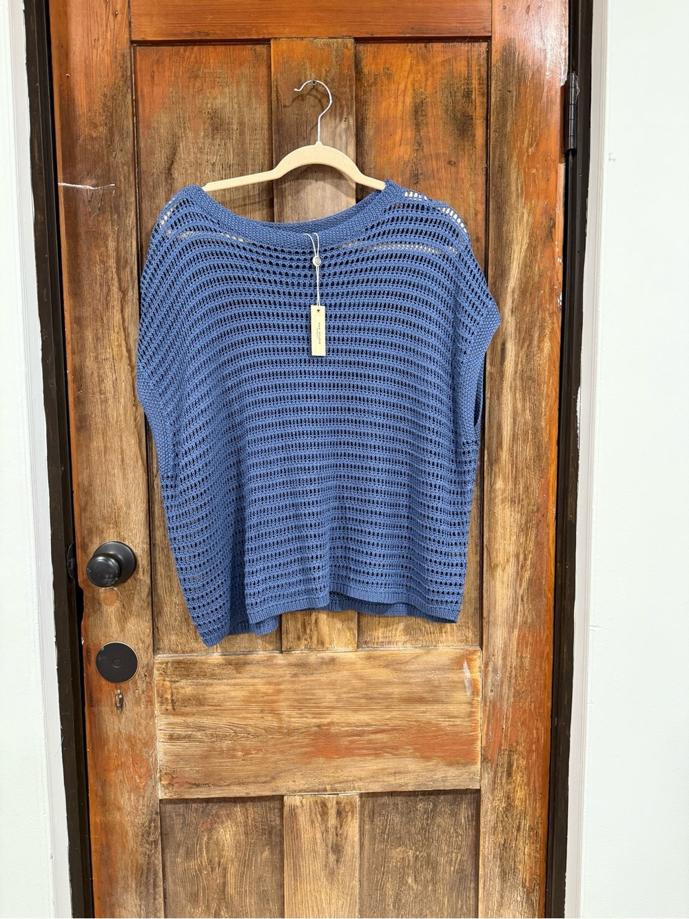 Max Studio Open-Knit Boxy Sweater in Dusty Blue